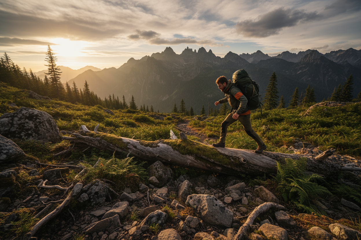 Hiker crossing a log on a mountain trail at sunset representing dynamic balance and functional human movement — Auralis Longevity