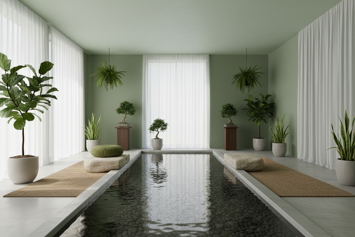 Modern indoor pool with plants representing a restorative environment and the principle of stillness and stress regulation — Auralis Stillness