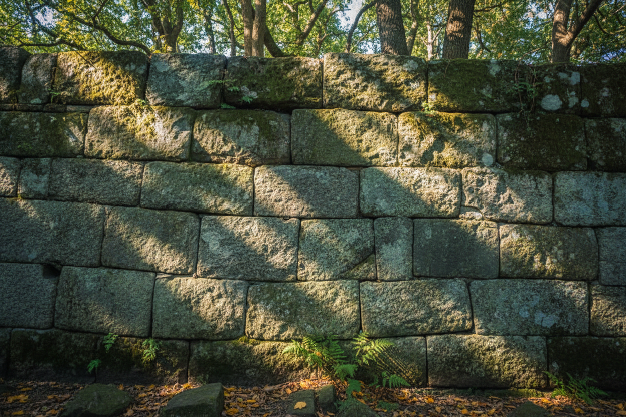 Stone wall in a sunlit forest representing the foundational strength of biological fidelity — Auralis Philosophy