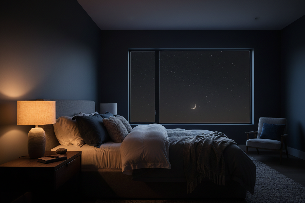 Dark restful bedroom with warm bedside light representing biological recovery and the principle of restorative sleep — Auralis Longevity Universal Framework