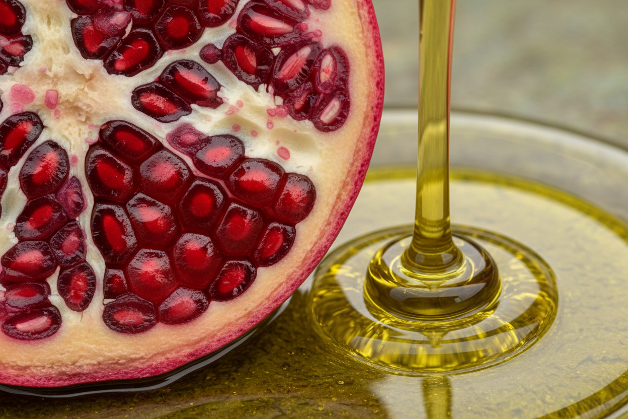 Pomegranate half with seeds and a glass of olive oil on a reflective surface representing molecular nutrition and the principle of clean nourishment — Auralis Longevity