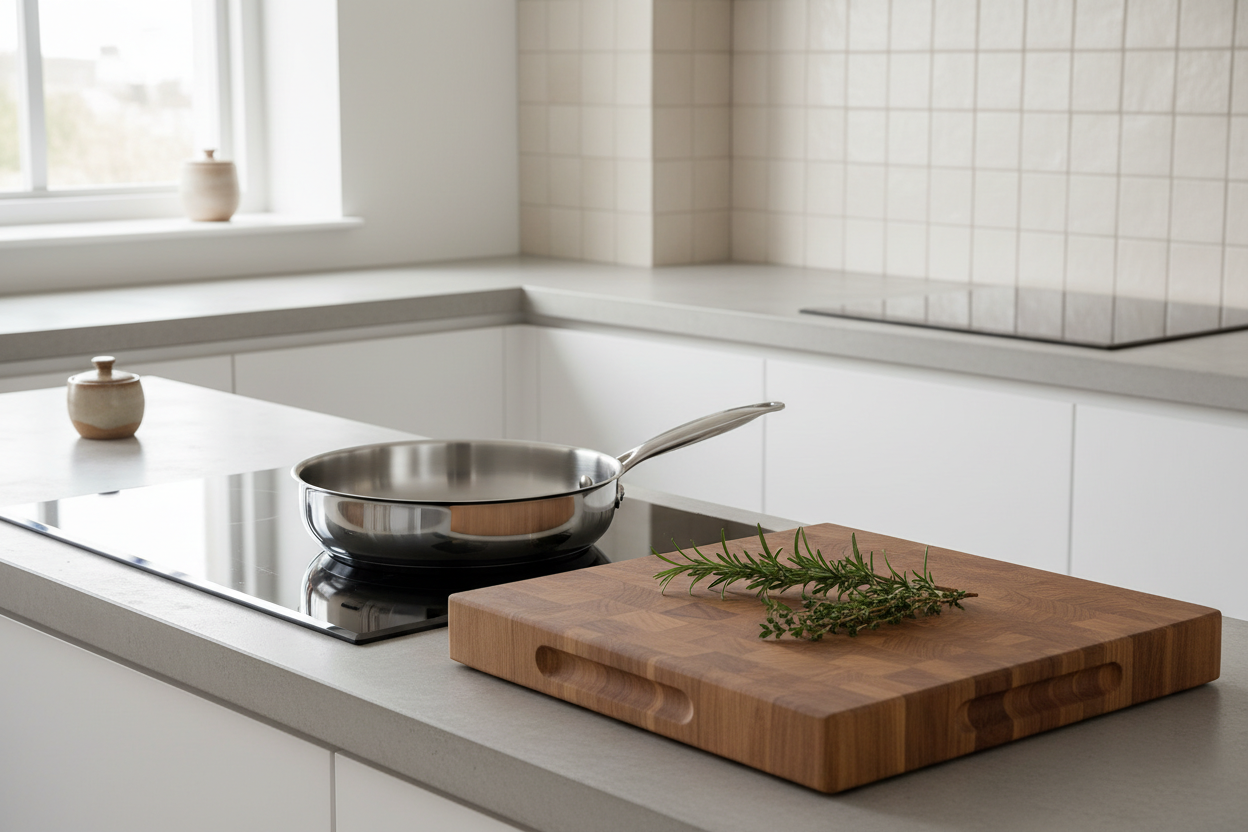 Minimalist clean kitchen with a high-end stainless steel pan and a heavy wooden cutting board representing biological purity and the principle of clean nourishment — Auralis Longevity