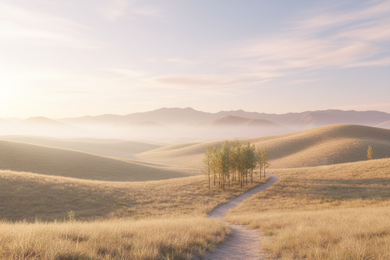 Natural pathway through mountains and trees representing the journey toward biological fidelity and living in alignment with universal intelligence — Auralis Foundations