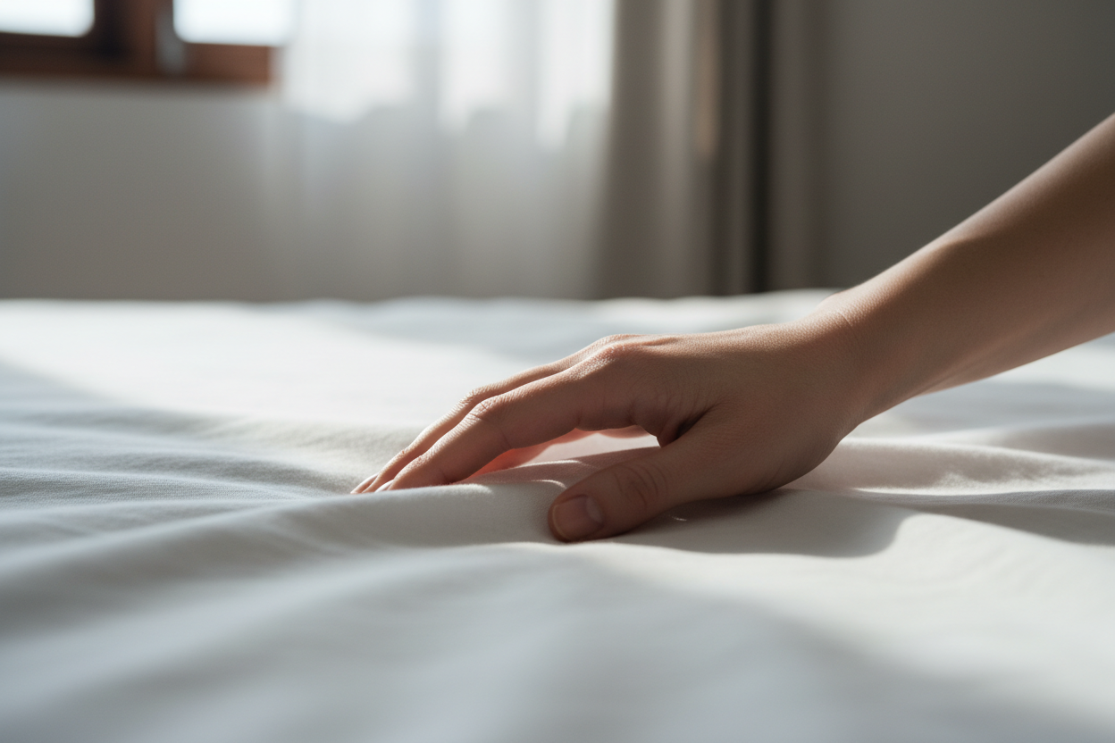 Human hand on a clean minimalist surface representing the habitat environment and biological fidelity — Auralis Longevity Universal Framework