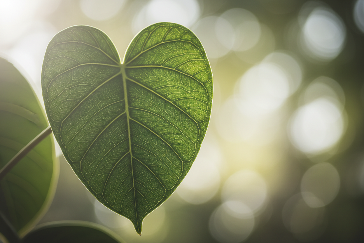 Heart-shaped green leaf in nature representing the Auralis Journal and the biological intelligence of the universal framework