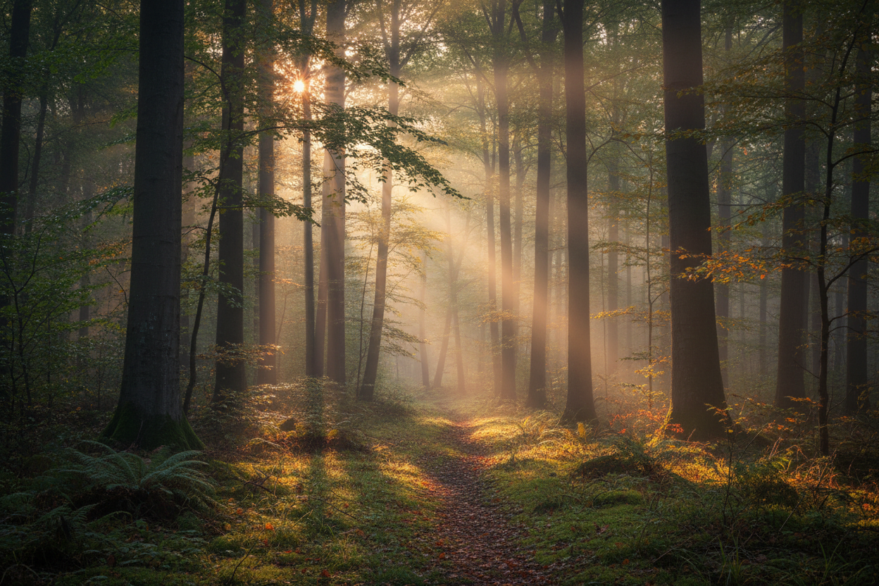 Misty forest with sunlight filtering through trees representing nature's intelligence and a daily biological rhythm — Auralis Principles