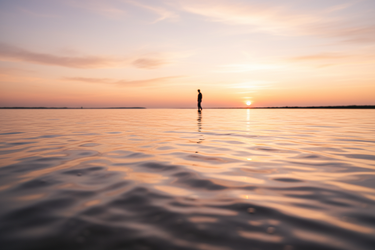 Person standing in natural water at sunset representing natural intelligence by design, circadian alignment, and human optimization — Auralis Philosophy