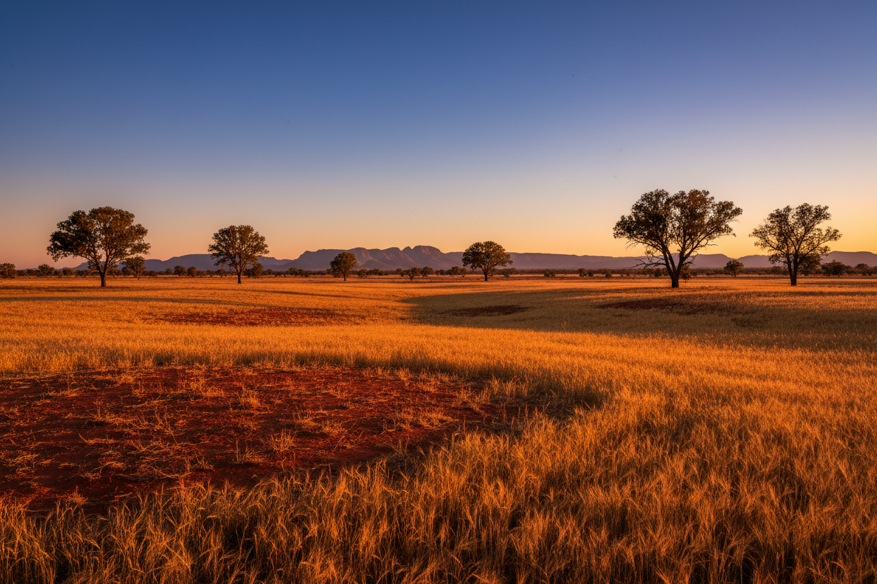 Sunset over an Australian landscape with mountains representing the journey from the land to the Auralis Longevity legacy