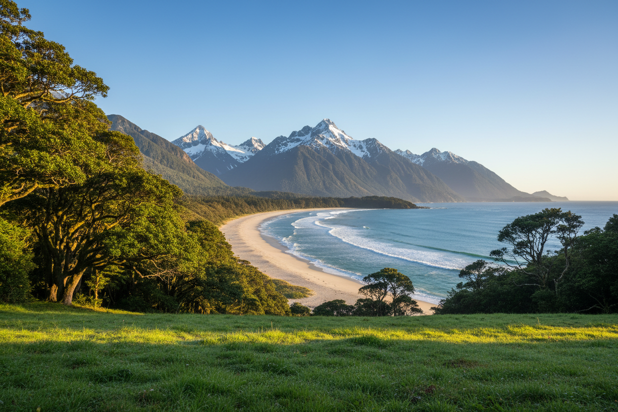 Scenic beach view with mountains and trees representing natural living environments and the principle of habitat — Auralis Longevity Universal Framework