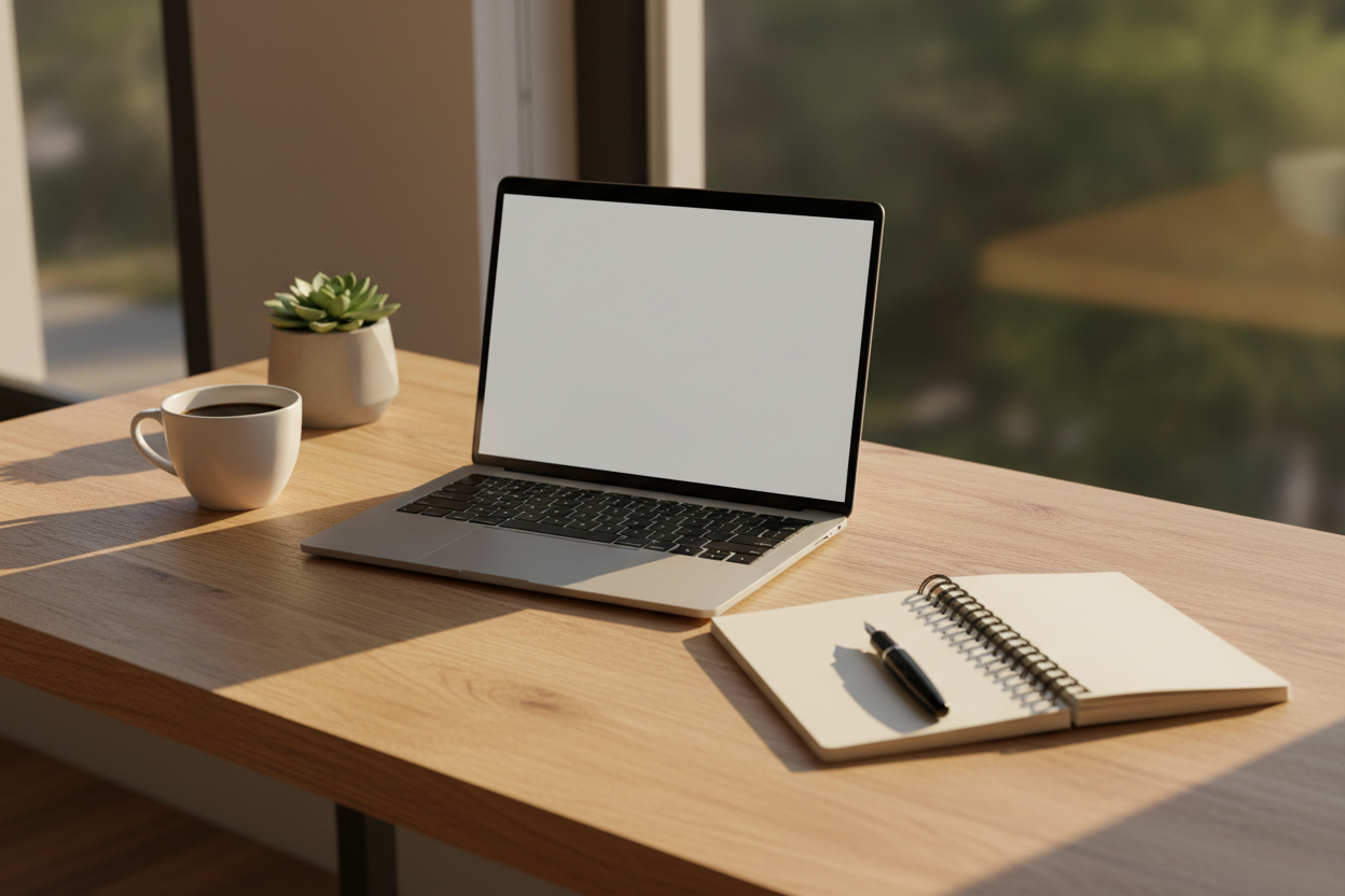 Laptop and notebook on a wooden desk representing the digital infrastructure and strategic design of Auralis Longevity